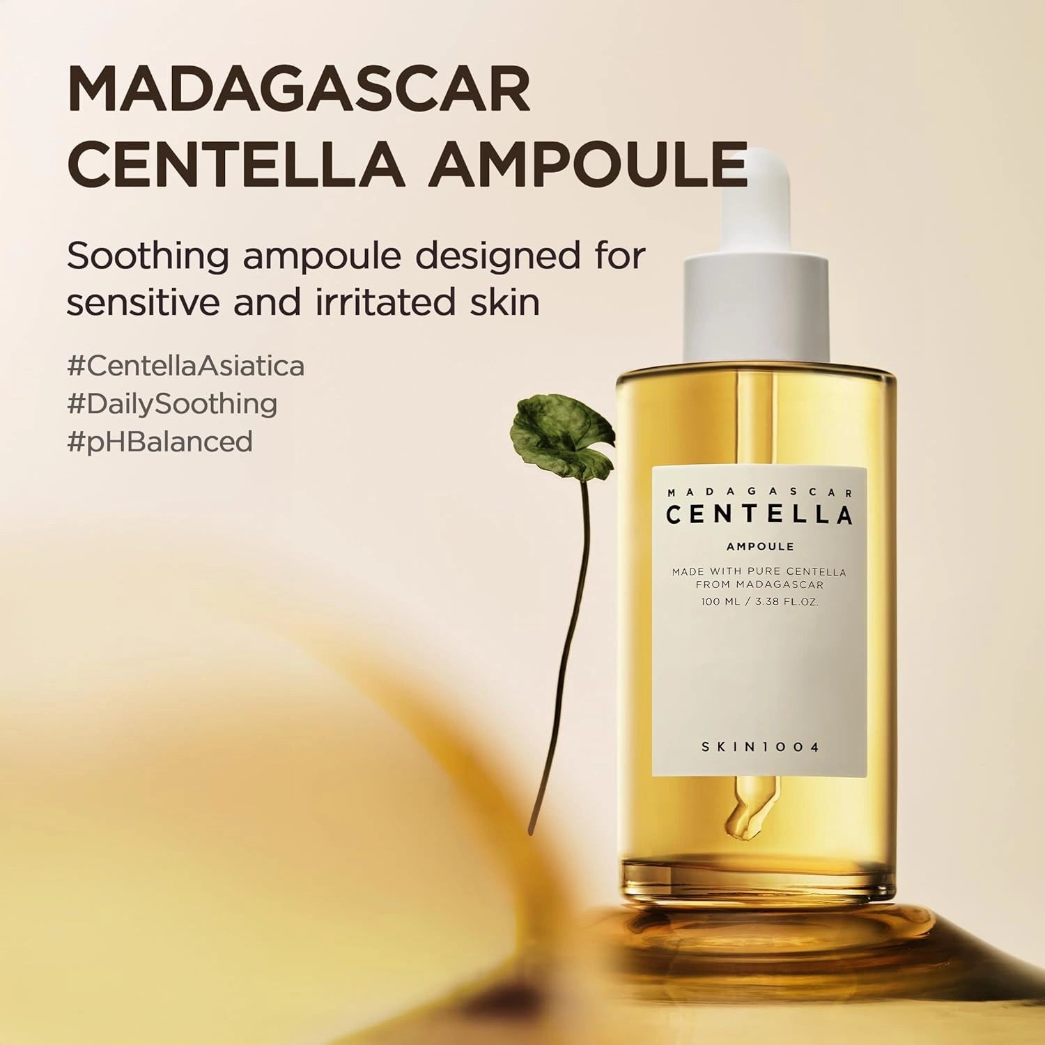 Madagascar Centella Ampoule bottle with text on a beige background