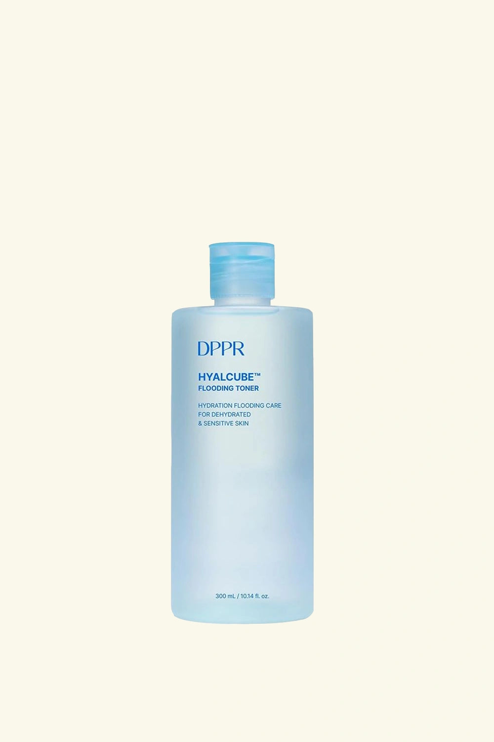 Blue bottle of DPHP skincare product on a white background