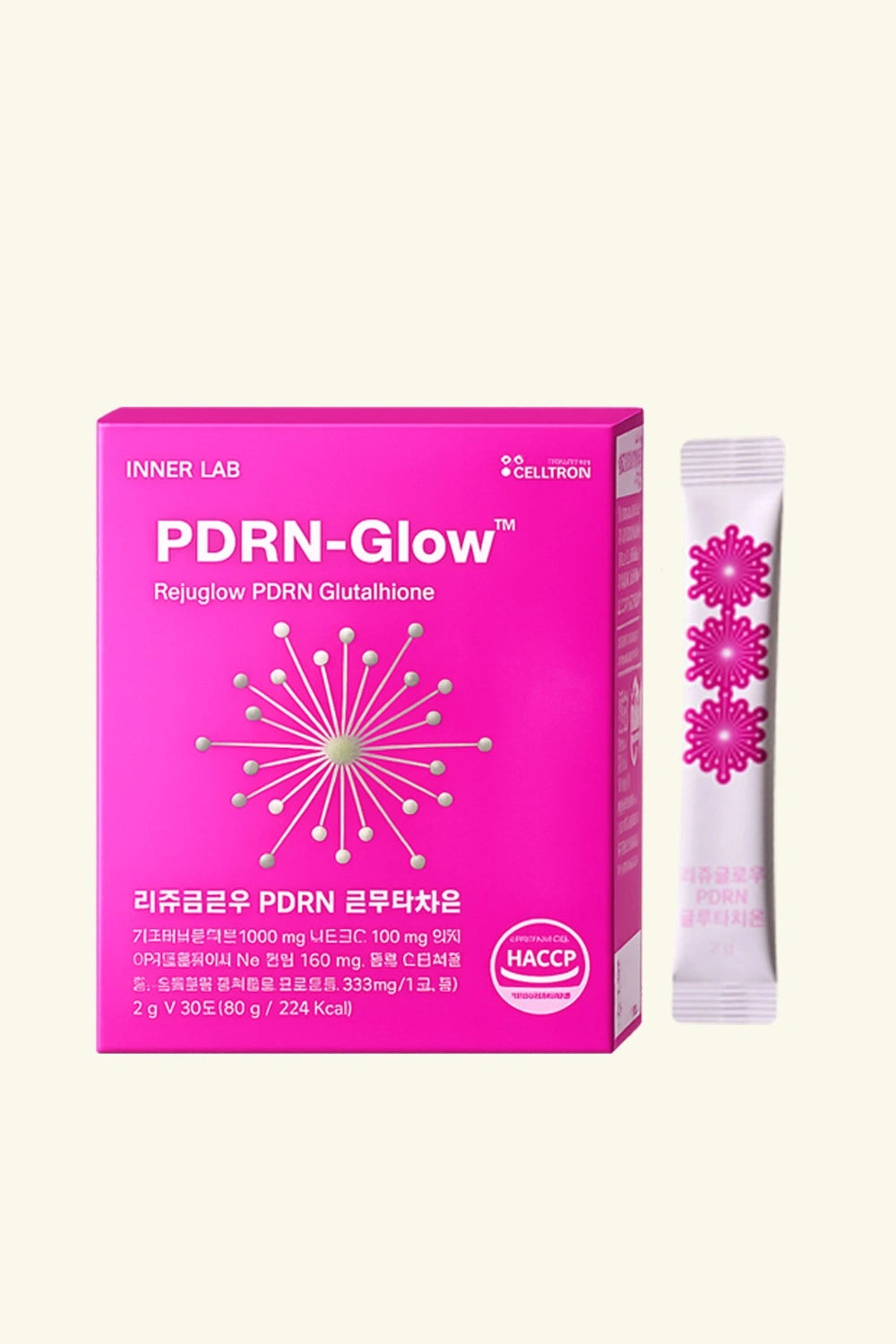 A pink box of INNER LAB PDRN-Glow Rejuvenation Oral Solution next to a single white and pink sachet, displayed on a light cream background.