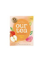 A box of Our Tea Apple Peach Oolong Tea on a plain white background. The packaging features a peach and orange color scheme with illustrations of a red apple, a sliced apple, and a peach.