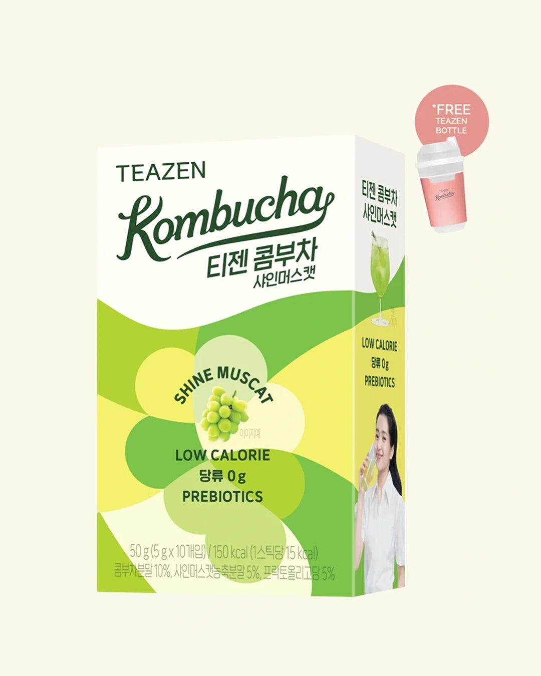 A box of TEAZEN Kombucha Shine Muscat low calorie prebiotics, shown on a solid cream background with a pink 'FREE TEAZEN BOTTLE' promotional badge in the top right corner.