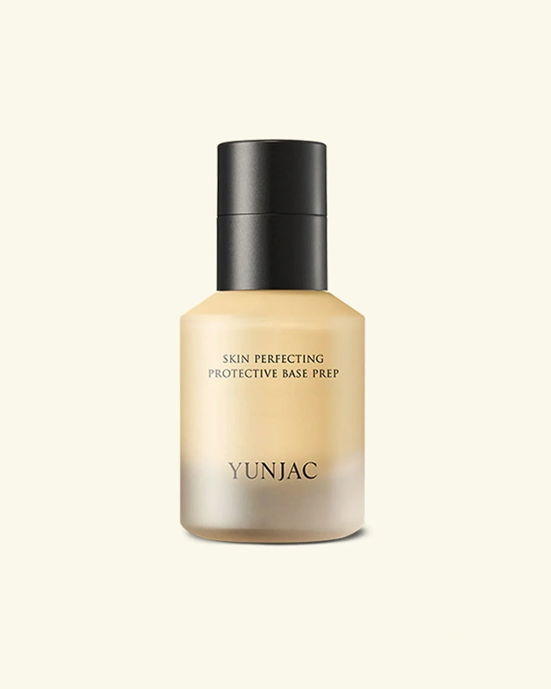 Yunjac Skin Perfecting Protective Base Prep bottle with a black cap and beige-toned liquid visible through the frosted bottle, centered on a light cream background.