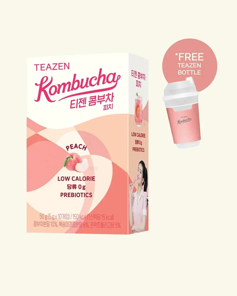 A box of TEAZEN Kombucha Peach flavor, featuring pink and peach graphics, a peach illustration, and a small promotional badge indicating a free prebiotic cup.
