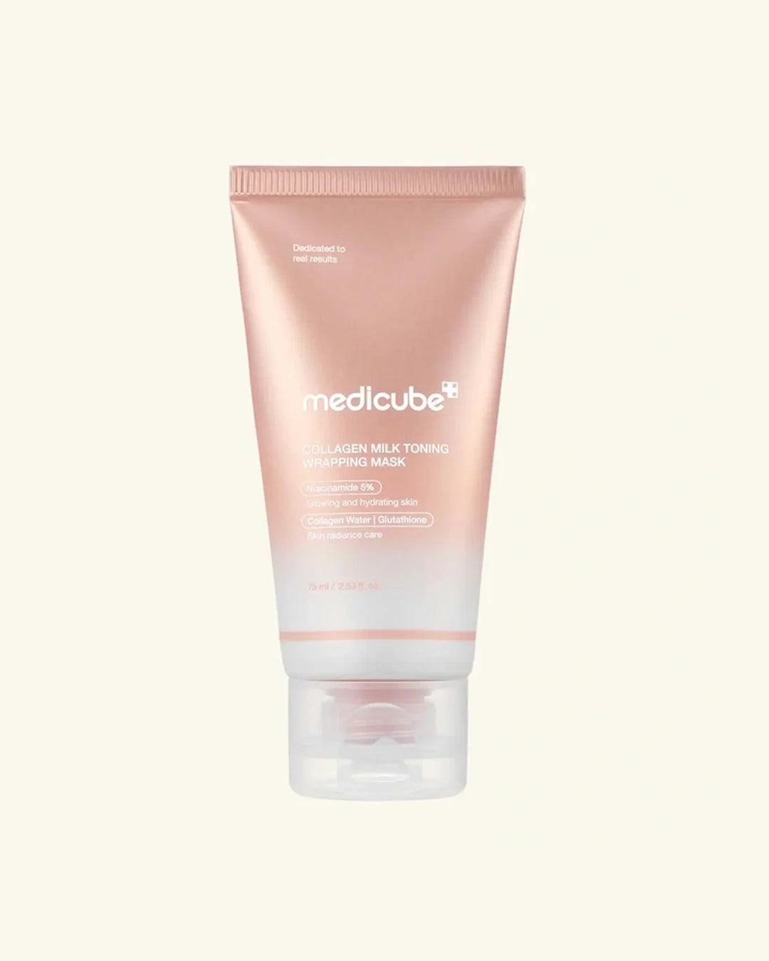 A squeeze tube of medlcube Collagen Milk Toning Wrapping Mask, featuring a soft pink-to-white gradient design with a clear cap, centered on a light cream background.