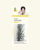 A promotional graphic for NE'AR Pineapple Brow Gel, featuring a model, a yellow pineapple icon, and a black-and-white close-up of a pineapple leafy crown. Korean text is visible on a pale cream background.
