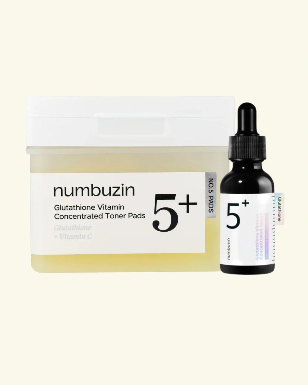 Numbuzin 5+ Glutathione Vitamin Concentrated Toner Pads jar next to a small black dropper bottle with a white label, on a light cream background.