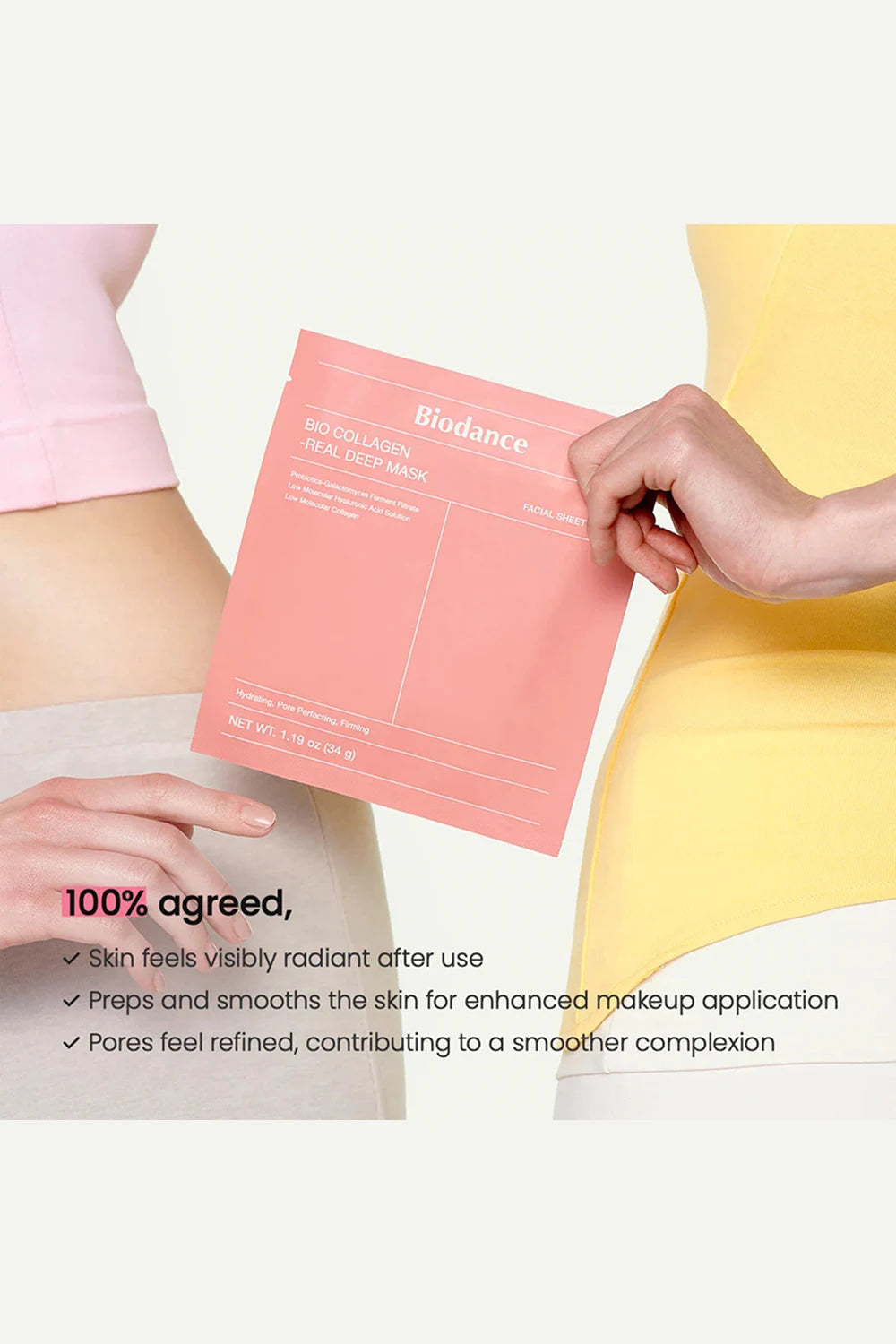 Person holding a Biodence sheet mask with text about skin benefits on a white background