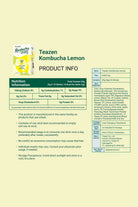 Teazen Kombucha Lemon product information sheet with nutrition facts and manufacturing details.