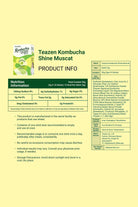 Teazen Kombucha Shine Muscat product information sheet with nutrition details on a yellow background