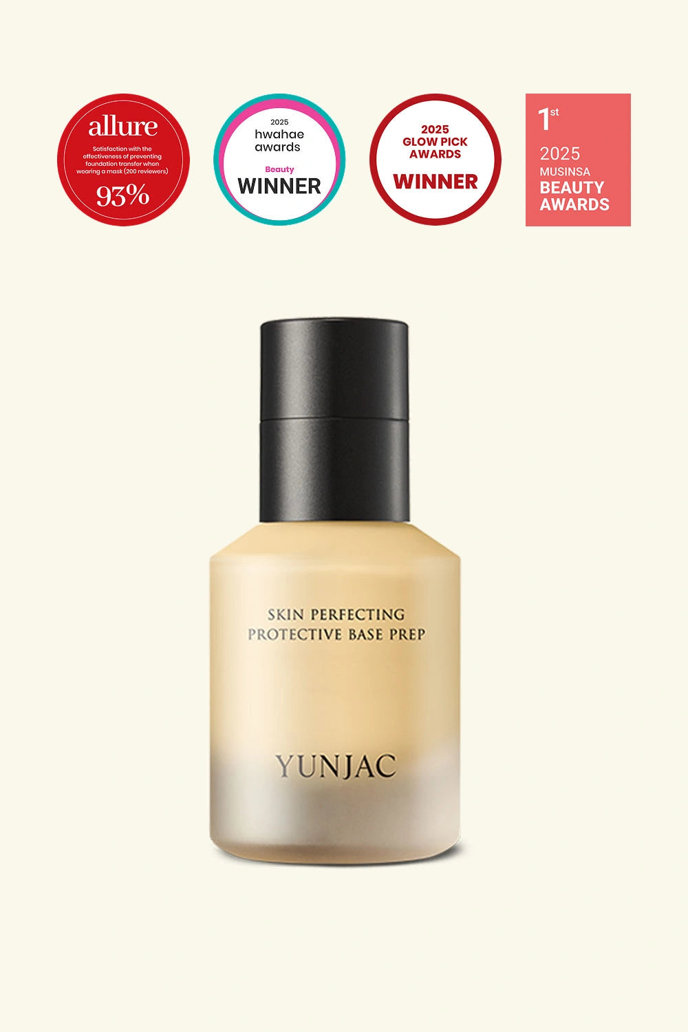 Yunjac skin perfecting protective base prep bottle with award badges on a beige background